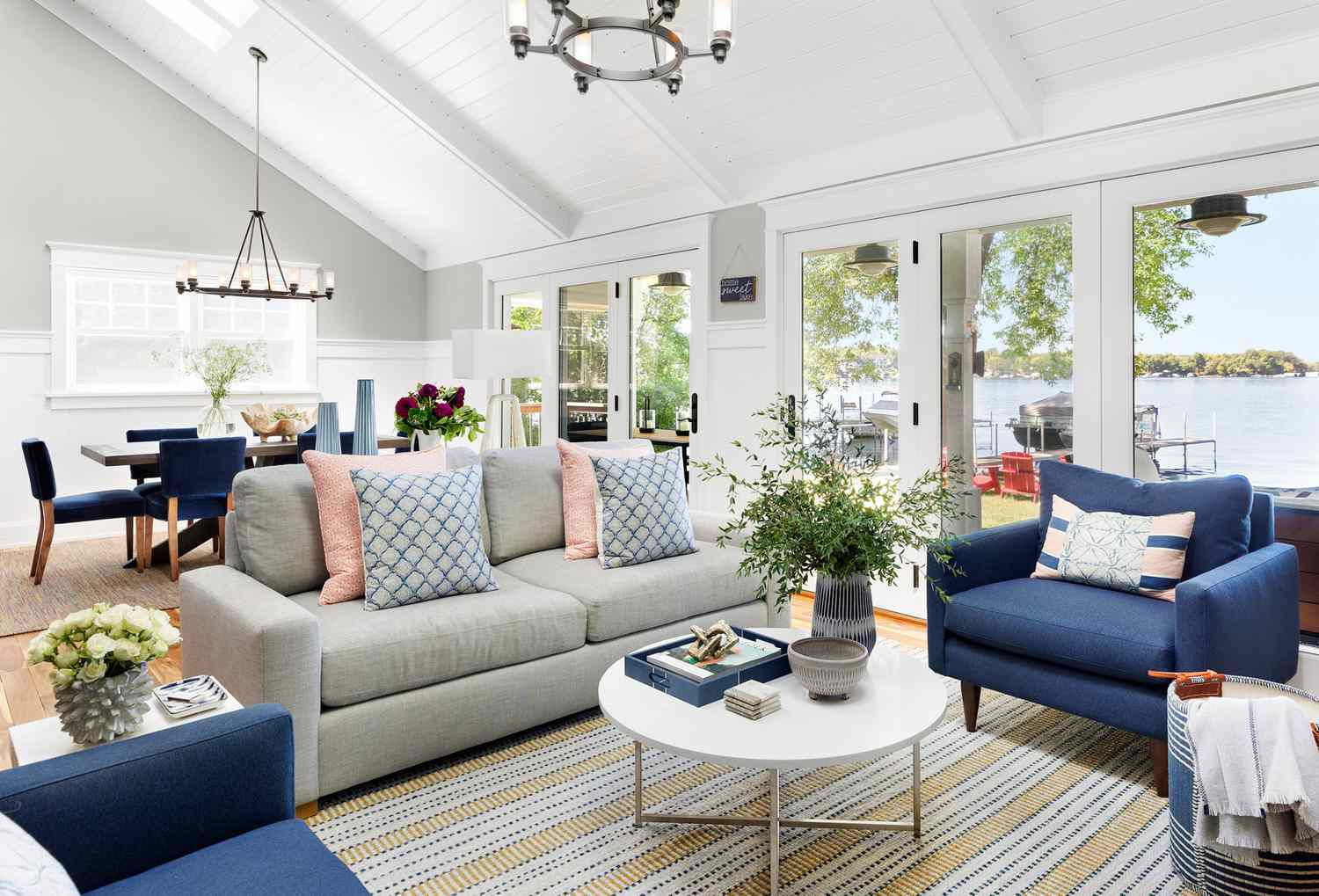 contemporary cottage living room with blue accents