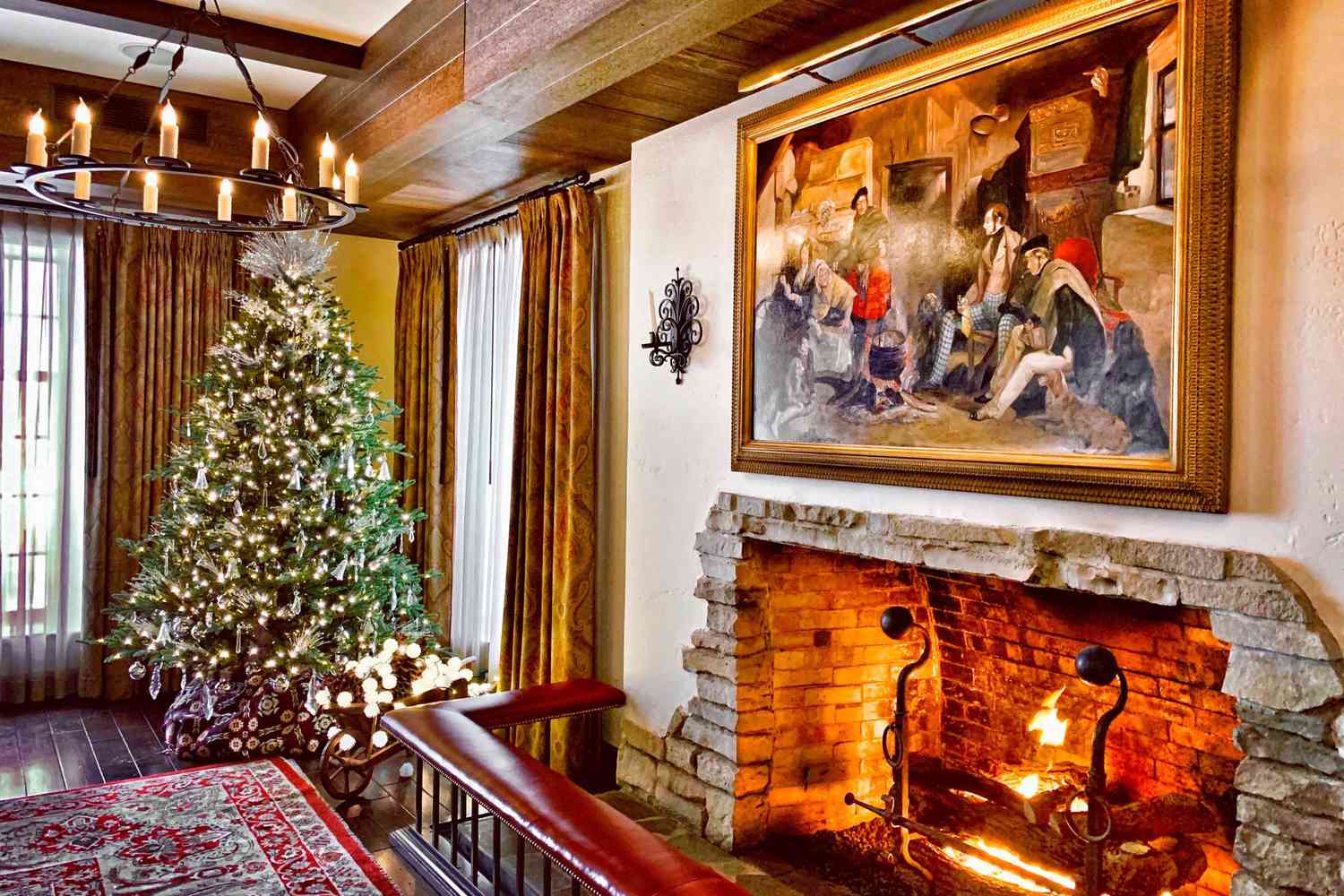 Hotel interior lobby with fireplace and Christmas tree