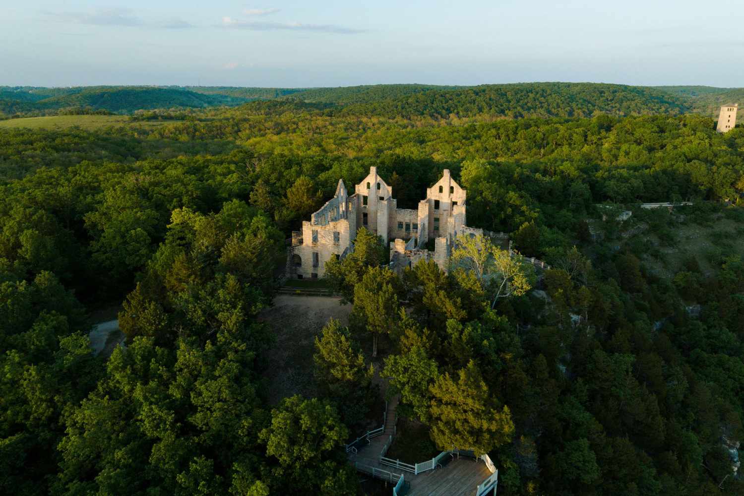 Overview of Ha Ha Tonka State Park in Missouri with castle ruins and forest