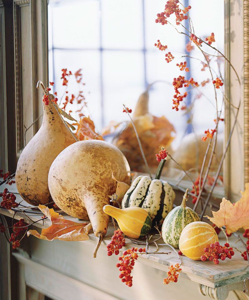 Mantel of gourds for fall decorating