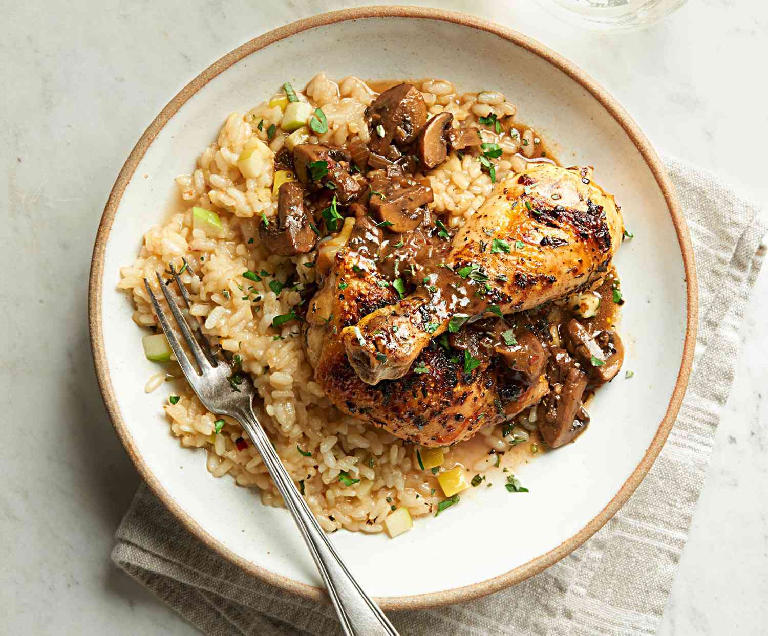 Sweet Apple Risotto with Roast Chicken and Mushroom Jus