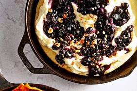 Ricotta Hotcake with Lemon Cream, Blueberry Syrup and Hazelnuts